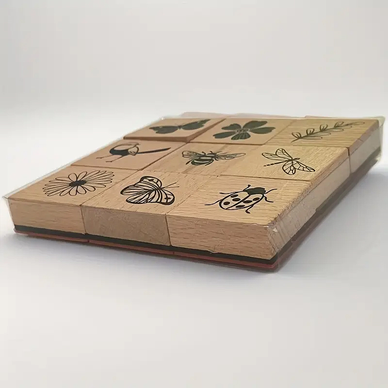 Holzstempel Set Insekten und Blumen – 9-teilig, vielseitige Motive