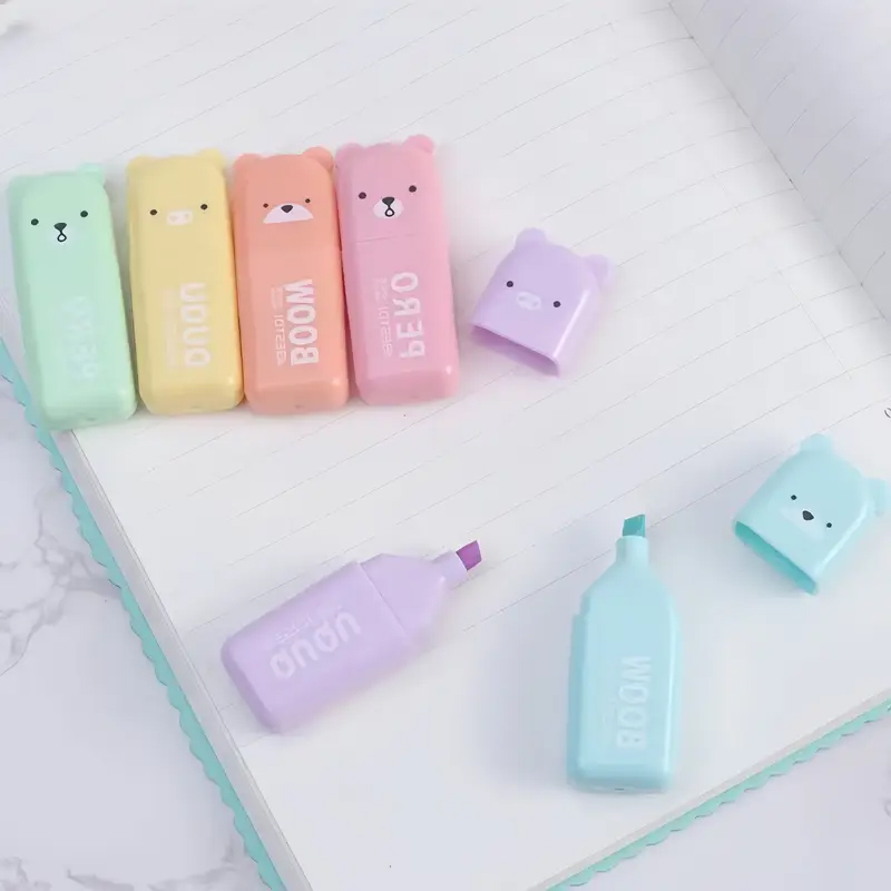 Pastell Highlighter Set – 6er Stifte mit Bär Design und schräger Spitze