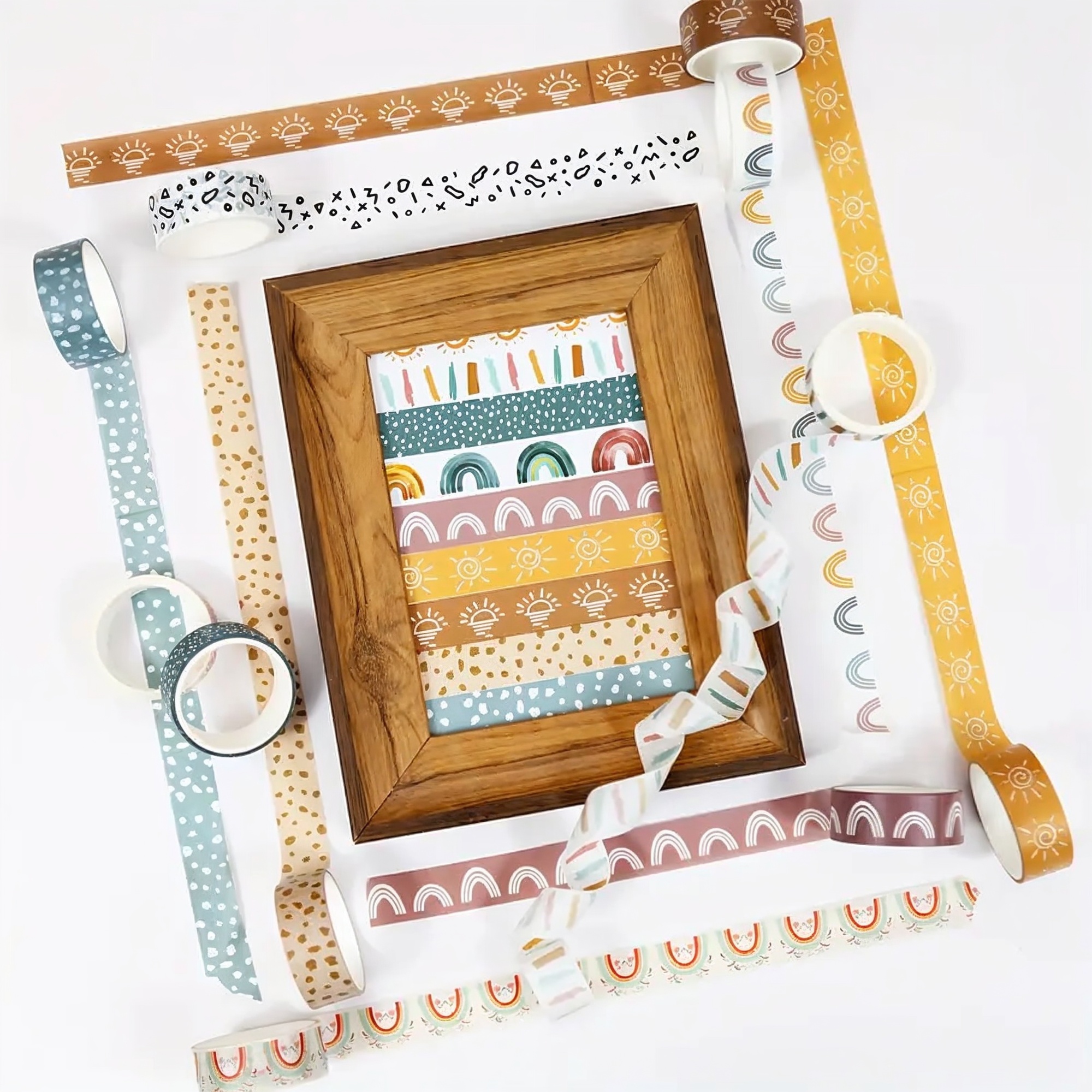 Boho Washi Tape Set – 12 Rollen mit Regenbogen- und Grafikmotiven