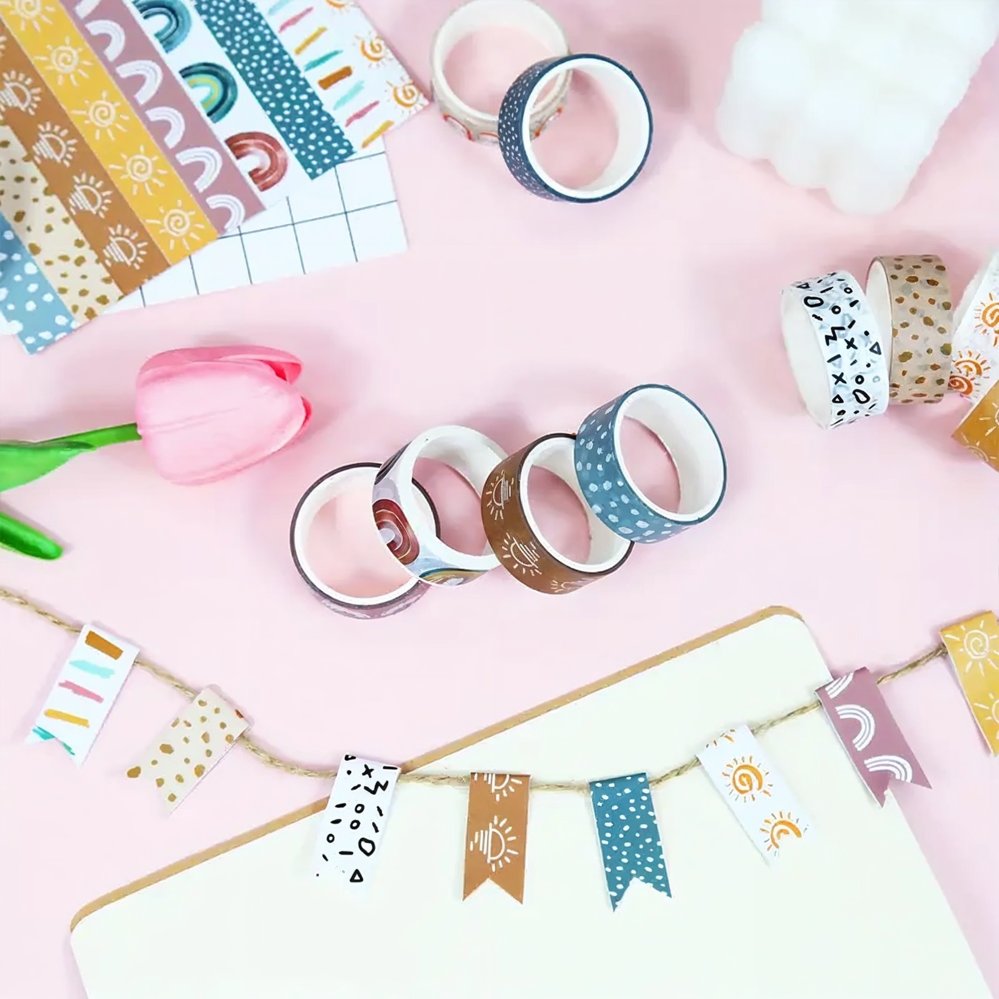 Boho Washi Tape Set – 12 Rollen mit Regenbogen- und Grafikmotiven