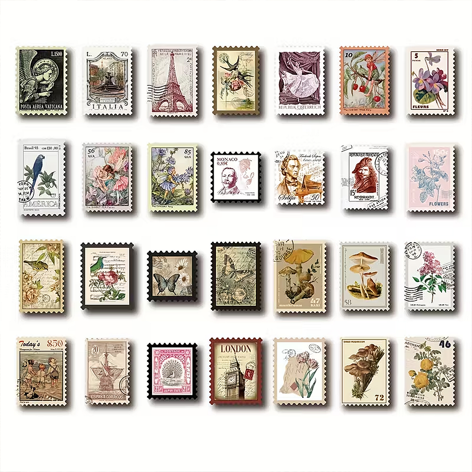 Botanische Briefmarken Sticker – 50 Motive floraler Pflanzen im Vintage-Look