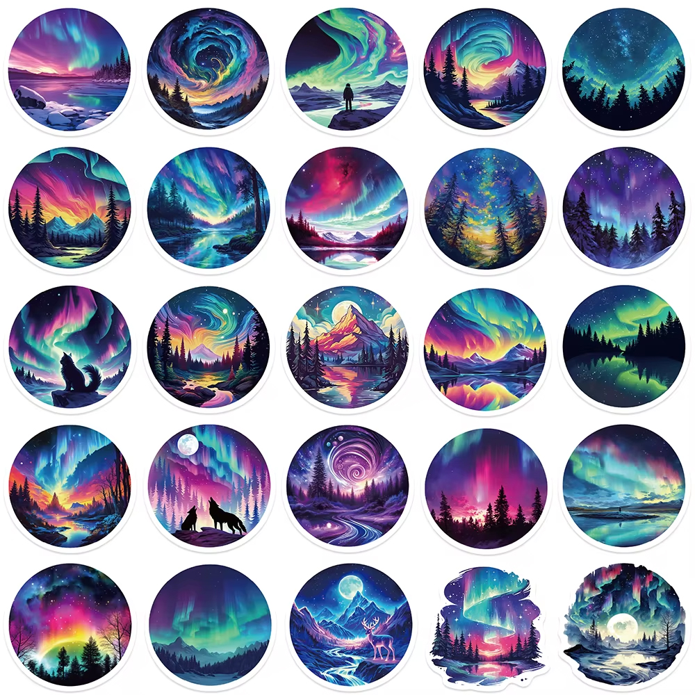 Polarlichter Sticker Set – 50 wasserfeste Vinyl Aufkleber mit Himmelsmotiven