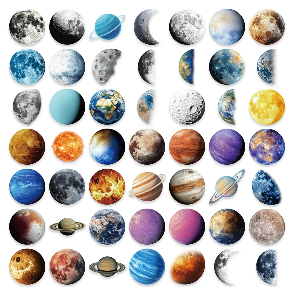 Planeten Sticker Set – 50 Motive auf transparenter PET-Folie