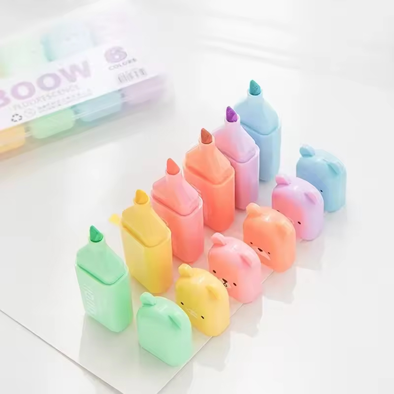Pastell Highlighter Set – 6er Stifte mit Bär Design und schräger Spitze