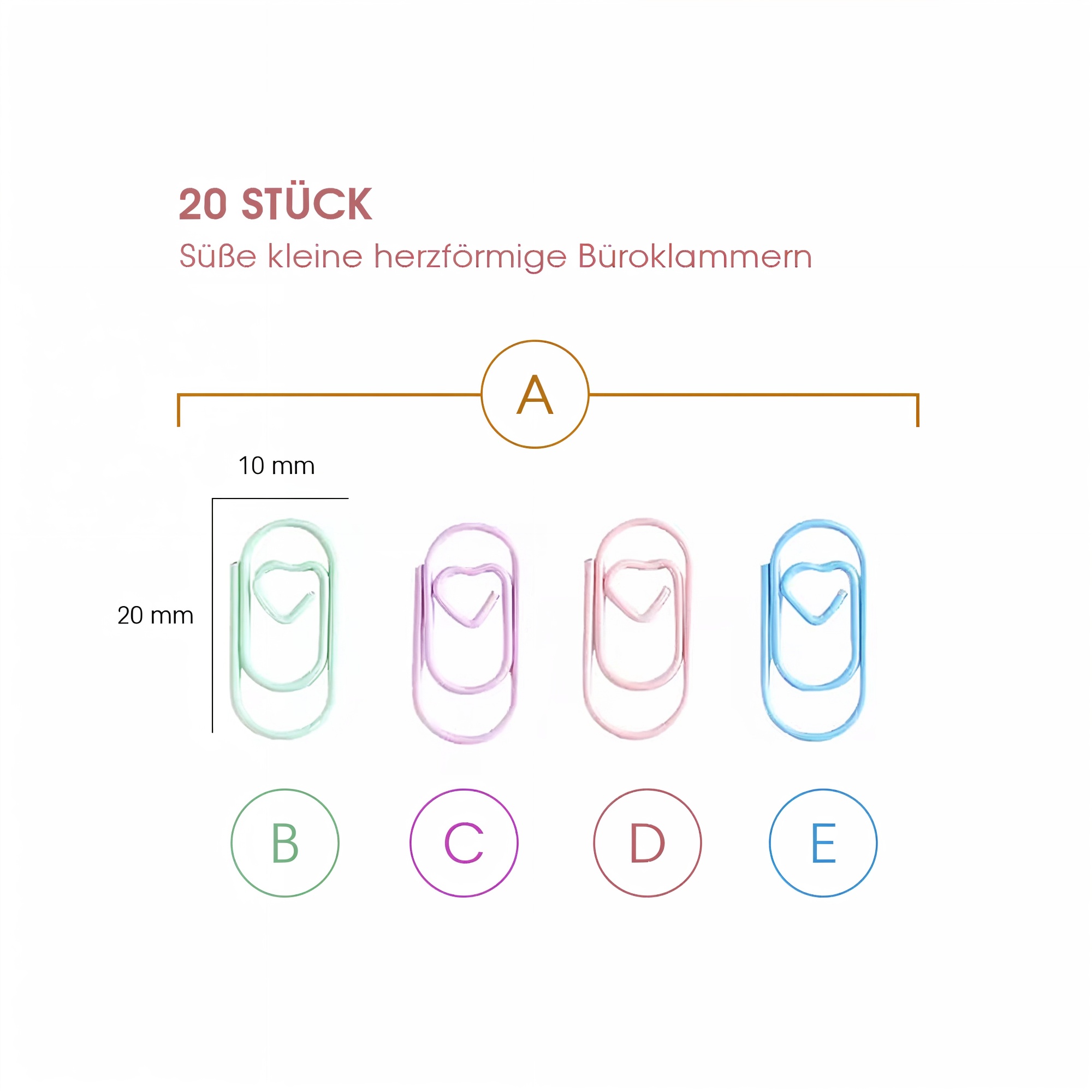 Herzförmige Büroklammern – Set mit 20 Mini Metallclips in Pastellfarben
