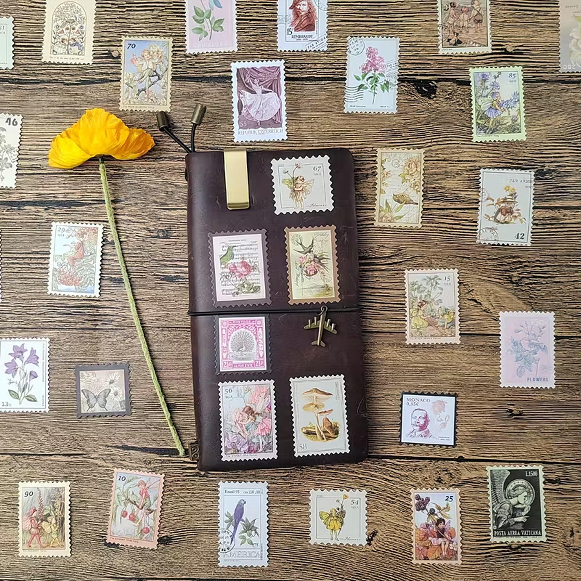 Botanische Briefmarken Sticker – 50 Motive floraler Pflanzen im Vintage-Look