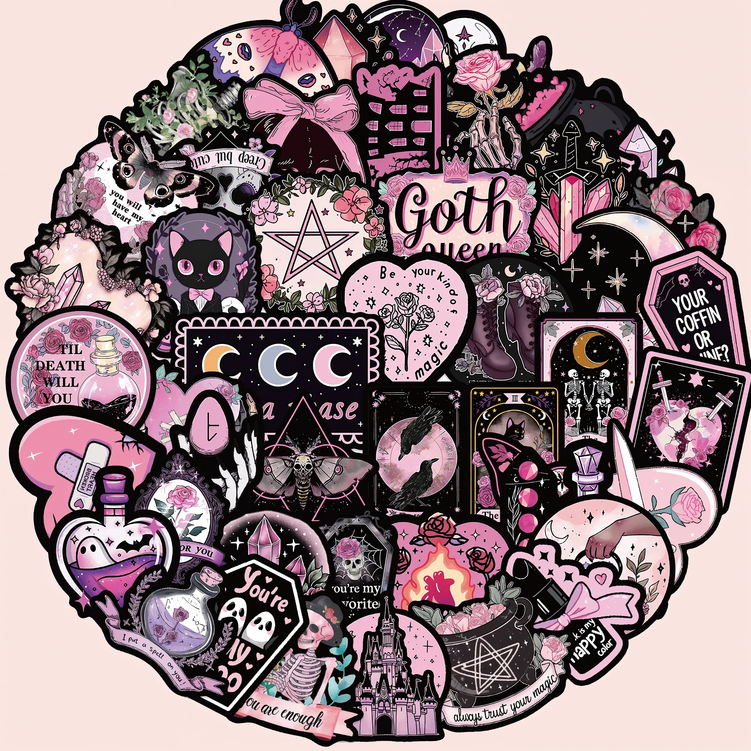 Gothic Sticker Set Schädel Rosen – 50 Wasserfeste Vinylmotive Schwarz Rosa