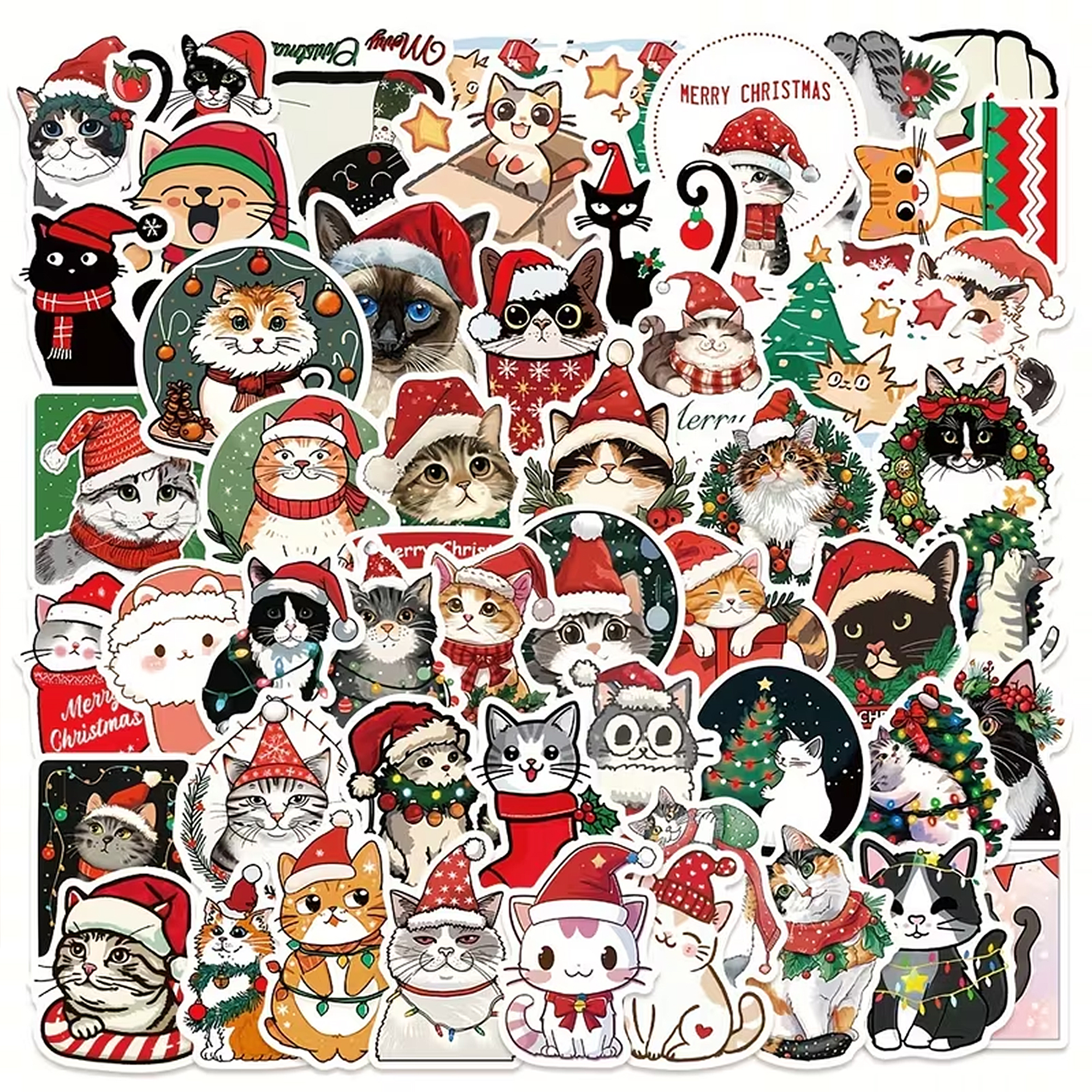 Weihnachts Katzen Sticker – 50-teiliges Set aus mattem Vinyl
