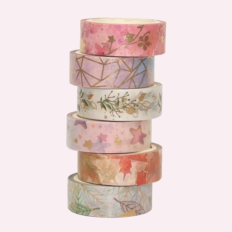 Florales Washi-Tape Set – 6 Rollen mit Goldfolie und Blumenmotiven