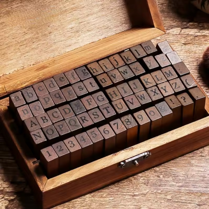 Holzstempel Alphabet Set – 70-teilig mit Zahlen und Zeichen in Holzbox