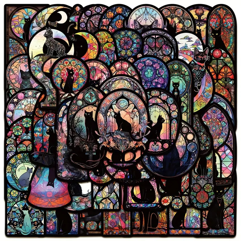 Buntglas Katzen Sticker Set – 50 matte Vinyl Aufkleber mit künstlerischem Design
