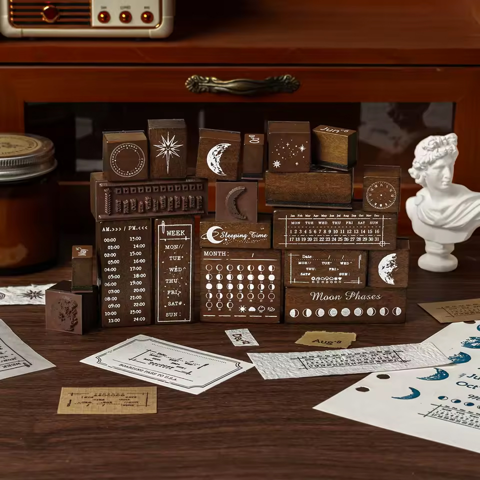 Mondphasen Holzstempel Set – 30 Motive für Kalender und Scrapbooking