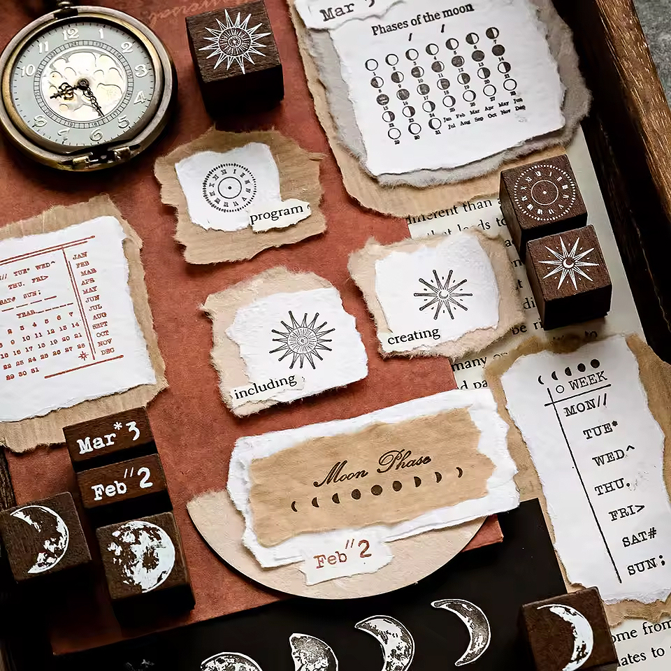 Mondphasen Holzstempel Set – 30 Motive für Kalender und Scrapbooking