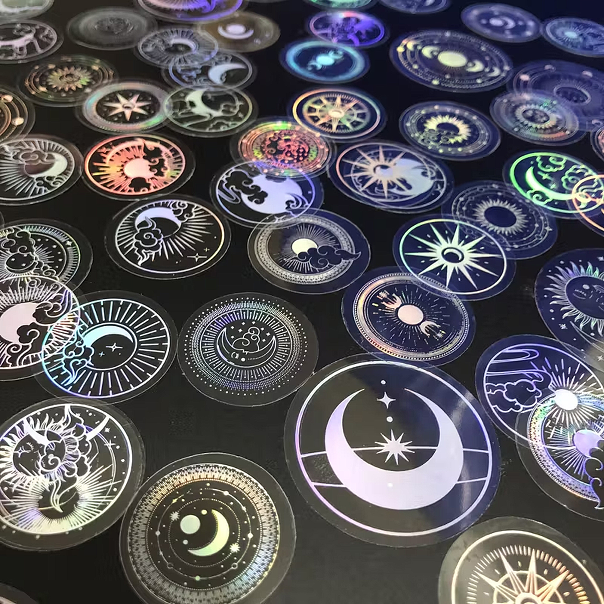 Transparente Schimmer-Sticker Set – 70 PET-Folie Aufkleber mit Mond, Sonne & Sternen