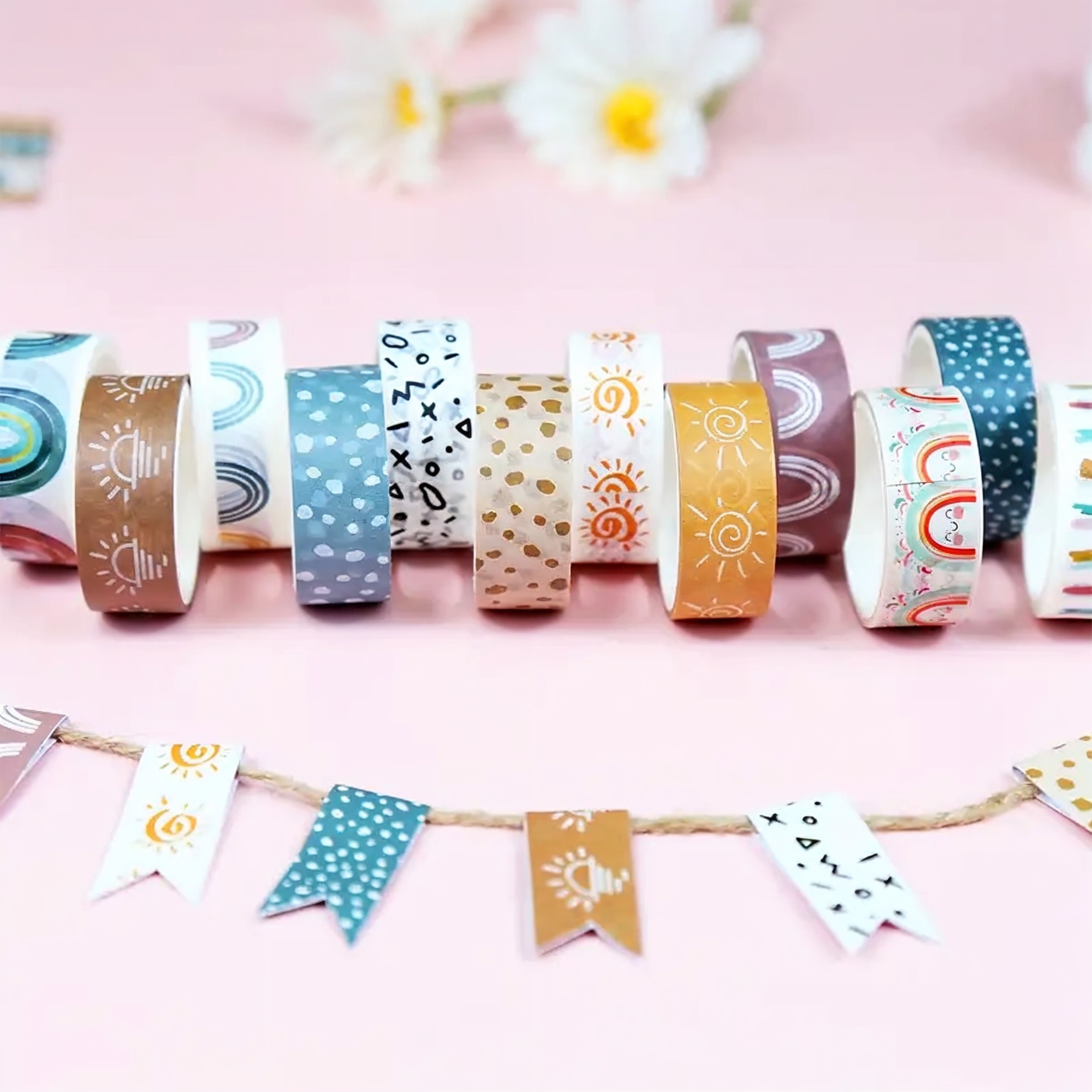 Boho Washi Tape Set – 12 Rollen mit Regenbogen- und Grafikmotiven