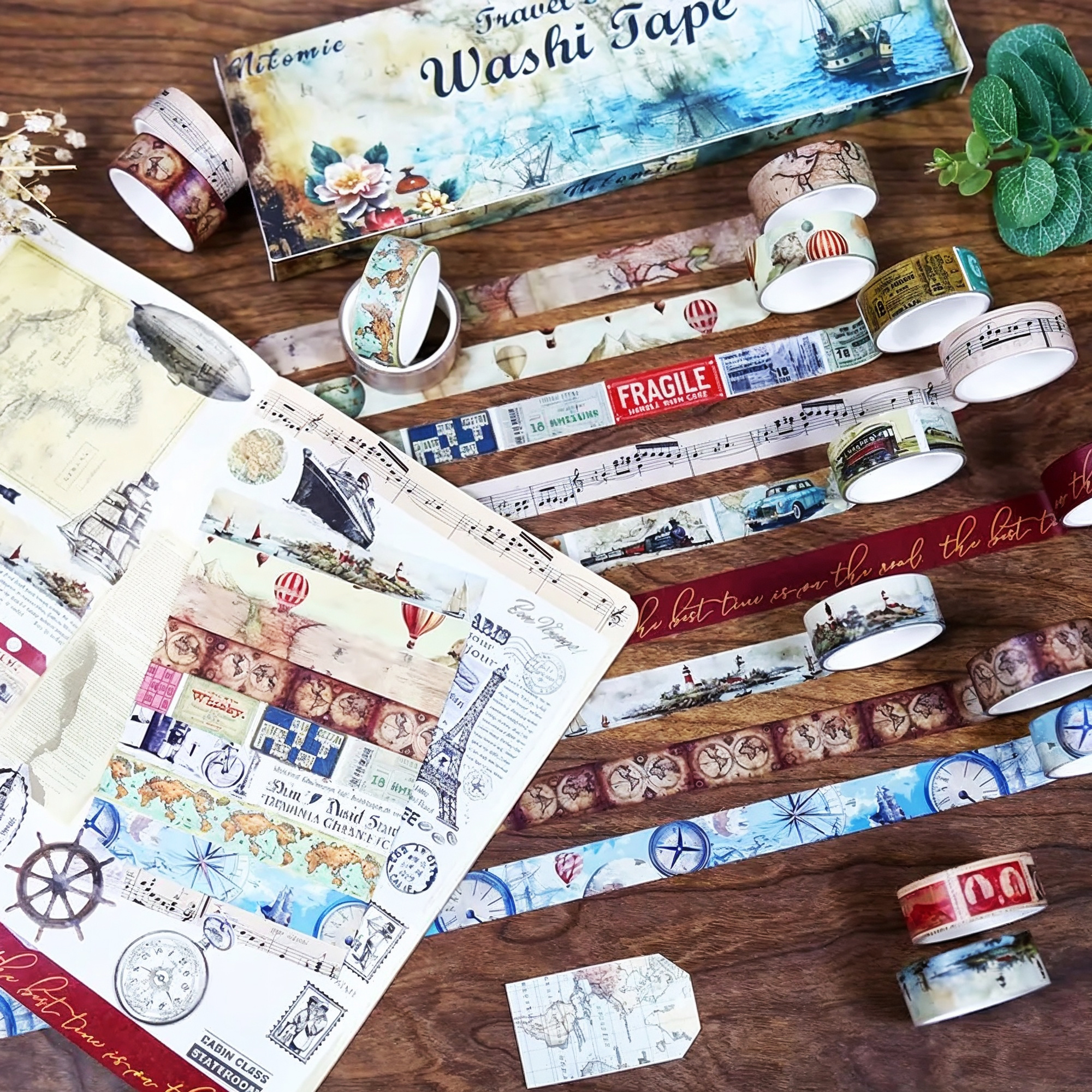 Retro Washi Tape Set – 12er-Set mit Reise-Motiven aus Washi-Papier