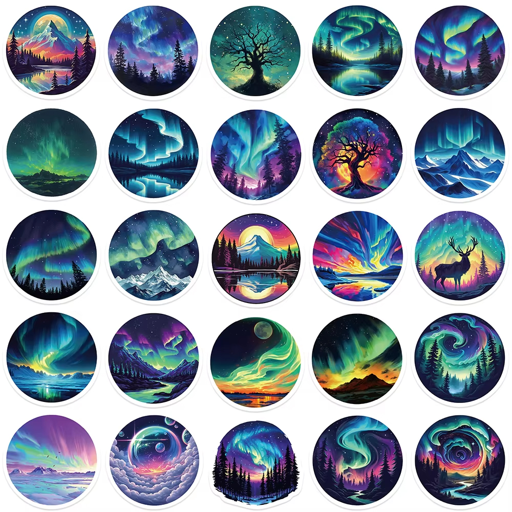 Polarlichter Sticker Set – 50 wasserfeste Vinyl Aufkleber mit Himmelsmotiven