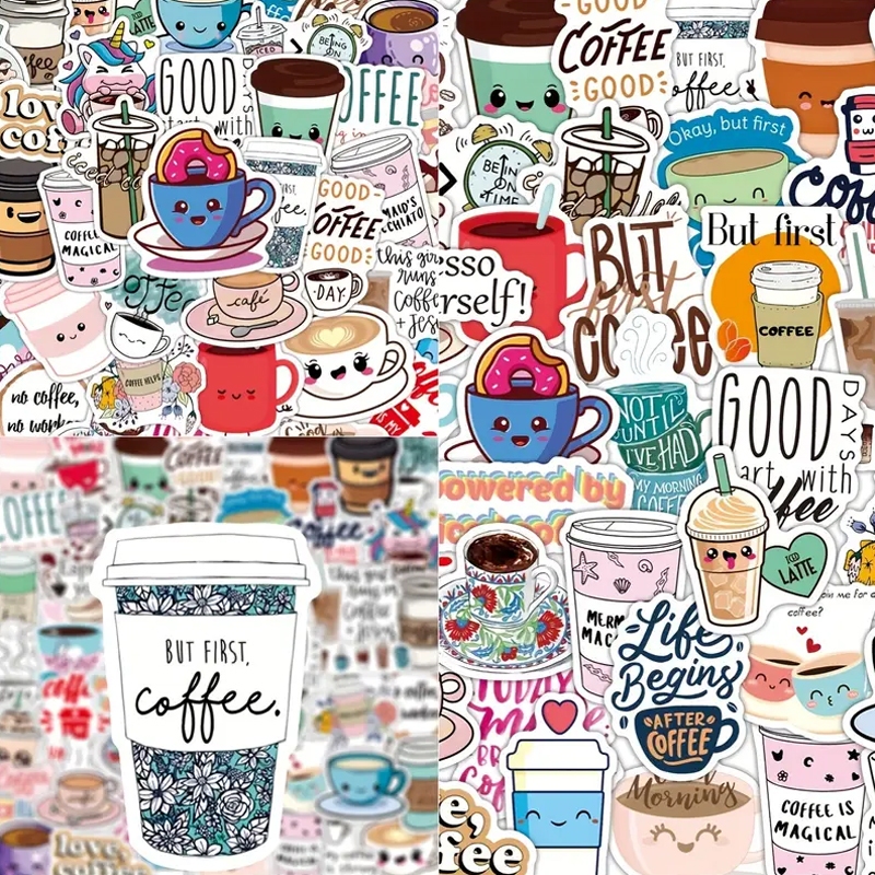 Kaffee Sticker Set – 50 selbstklebende, glänzende Motive aus Vinyl