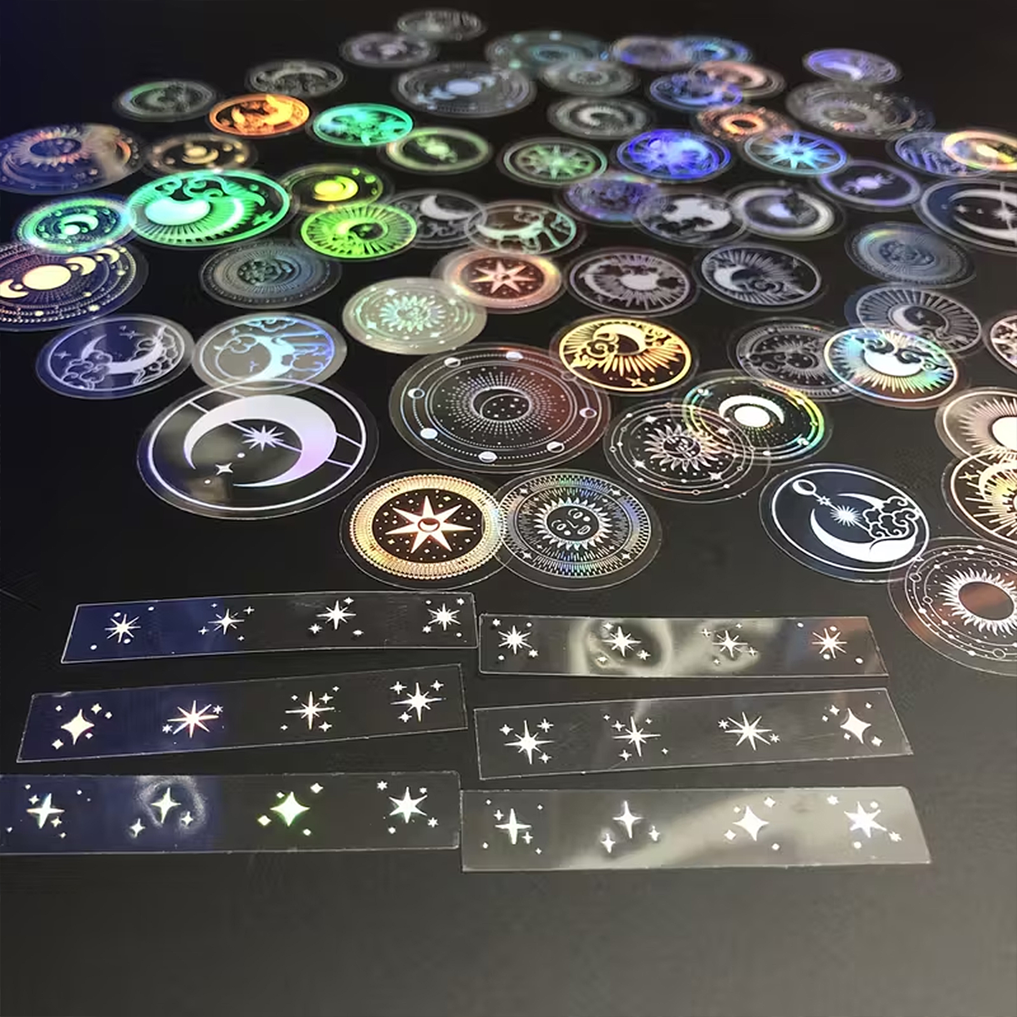 Transparente Schimmer-Sticker Set – 70 PET-Folie Aufkleber mit Mond, Sonne & Sternen