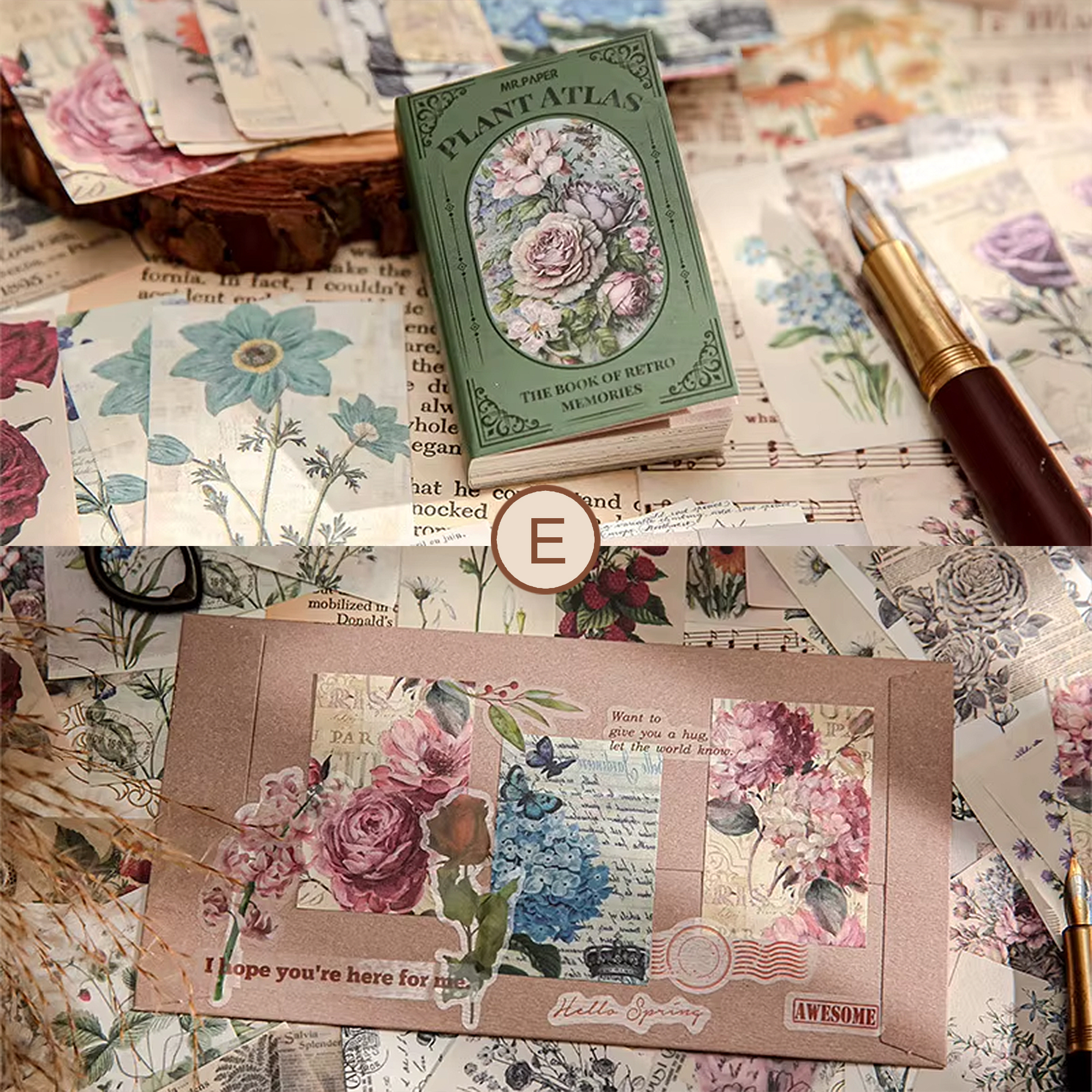 Retro Dekopapier Set – 100 Blätter mit Pflanzen- und Blumenmotiven