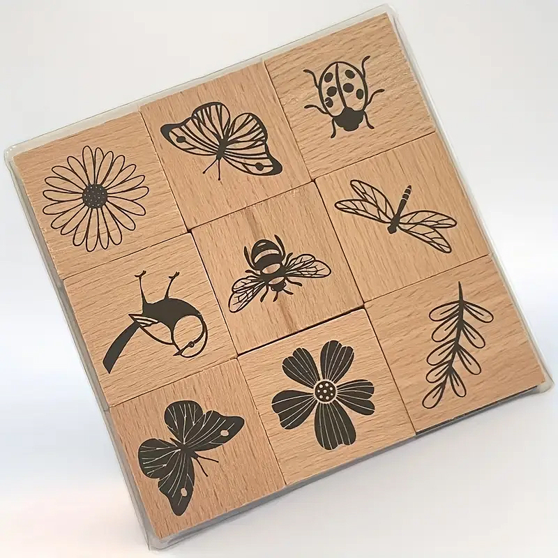Holzstempel Set Insekten und Blumen – 9-teilig, vielseitige Motive
