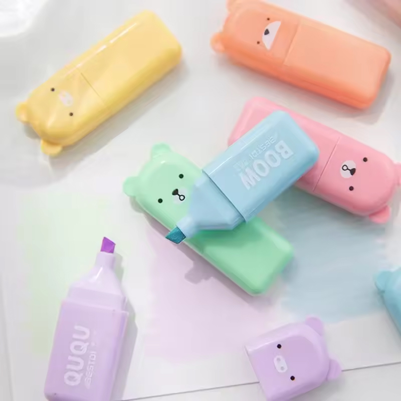 Pastell Highlighter Set – 6er Stifte mit Bär Design und schräger Spitze