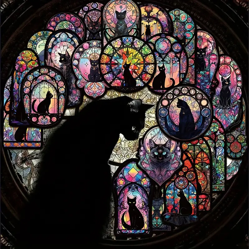 Buntglas Katzen Sticker Set – 50 matte Vinyl Aufkleber mit künstlerischem Design