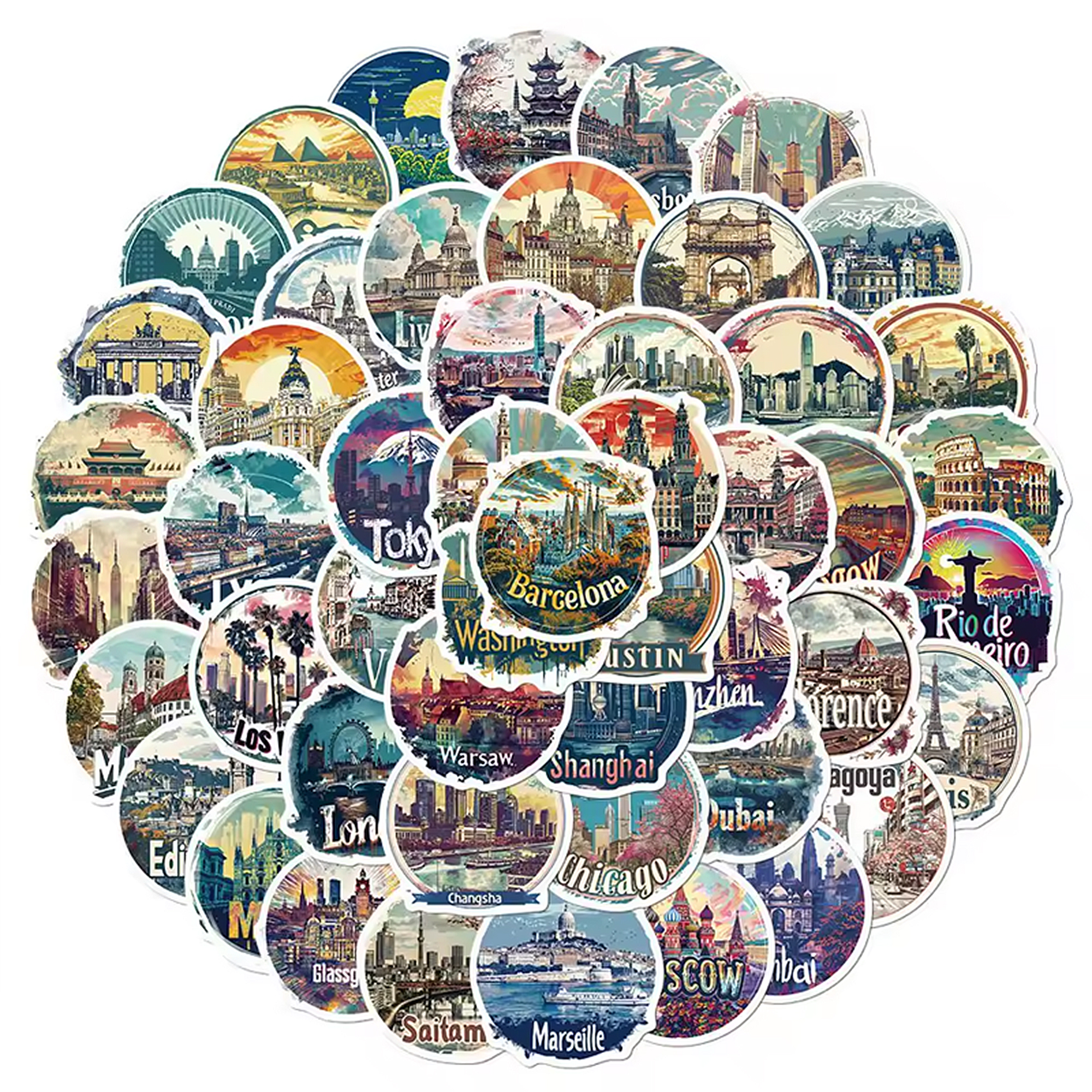 City Sticker Set – 50 ikonische Städte und Wahrzeichen als Vinyl-Sticker