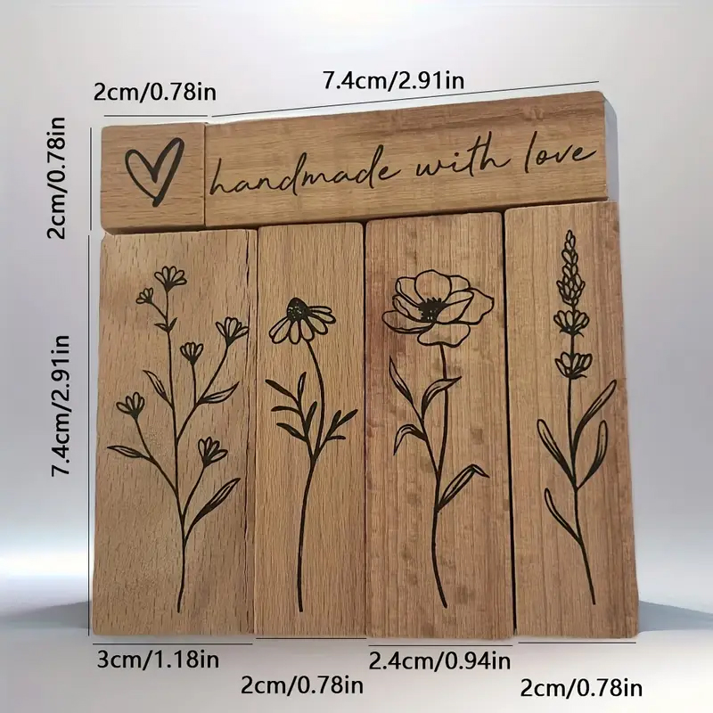 Holzstempel Set Blumen – 6-teilig mit floralen Motiven, Herz und Schriftzug