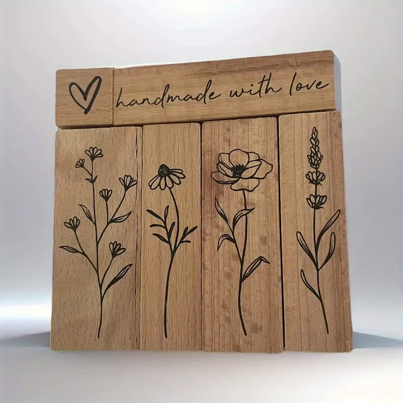 Holzstempel Set Blumen – 6-teilig mit floralen Motiven, Herz und Schriftzug