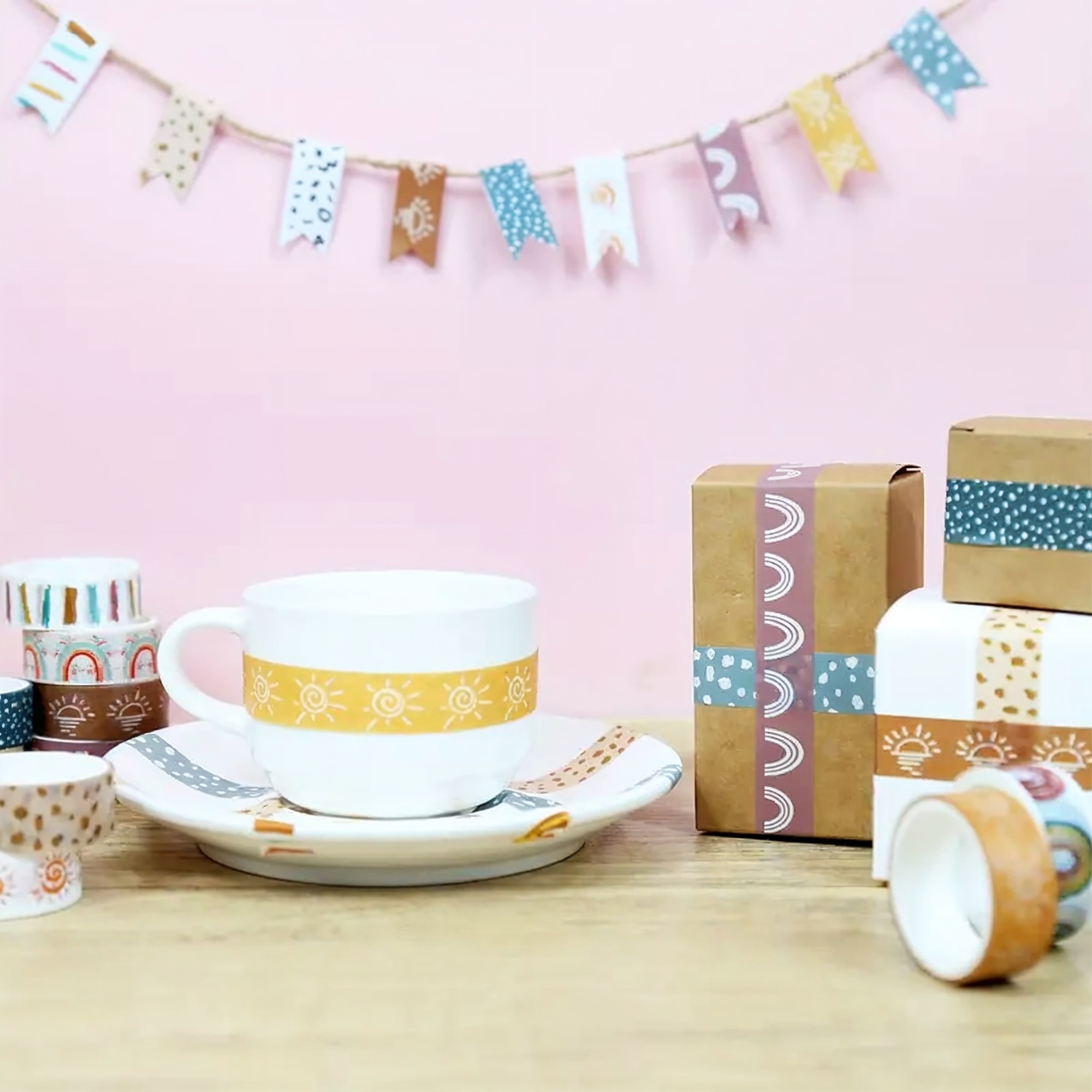 Boho Washi Tape Set – 12 Rollen mit Regenbogen- und Grafikmotiven