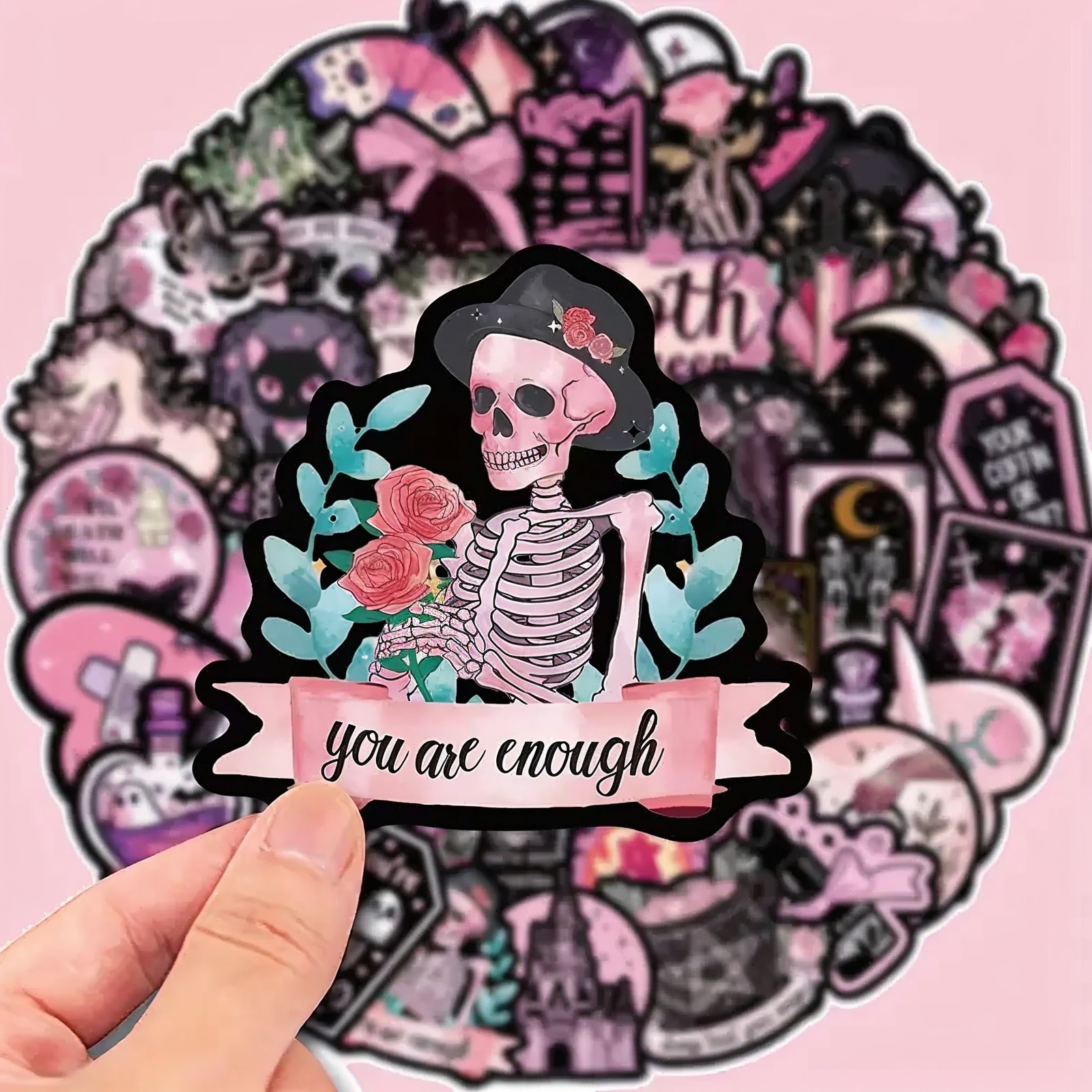 Gothic Sticker Set Schädel Rosen – 50 Wasserfeste Vinylmotive Schwarz Rosa