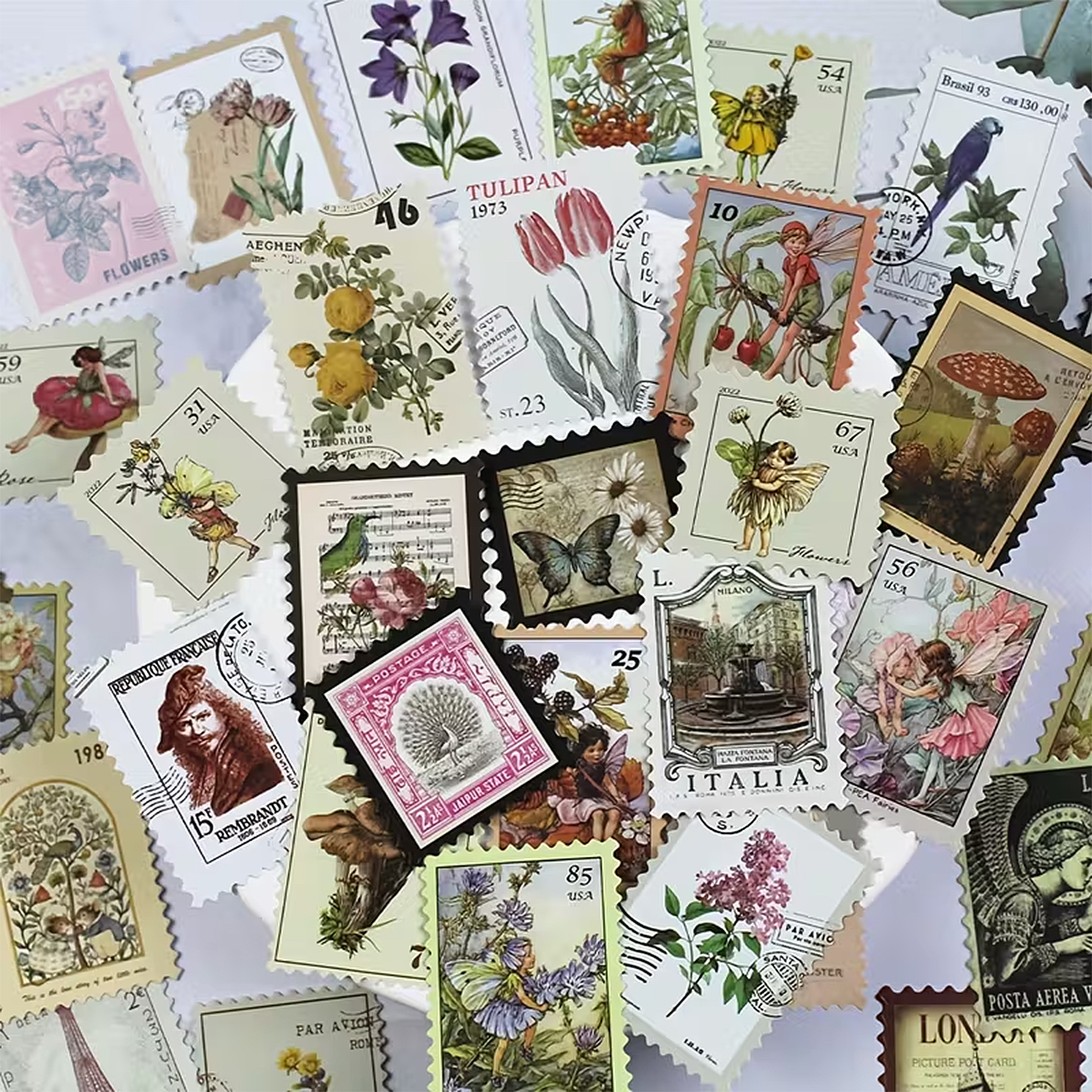 Botanische Briefmarken Sticker – 50 Motive floraler Pflanzen im Vintage-Look