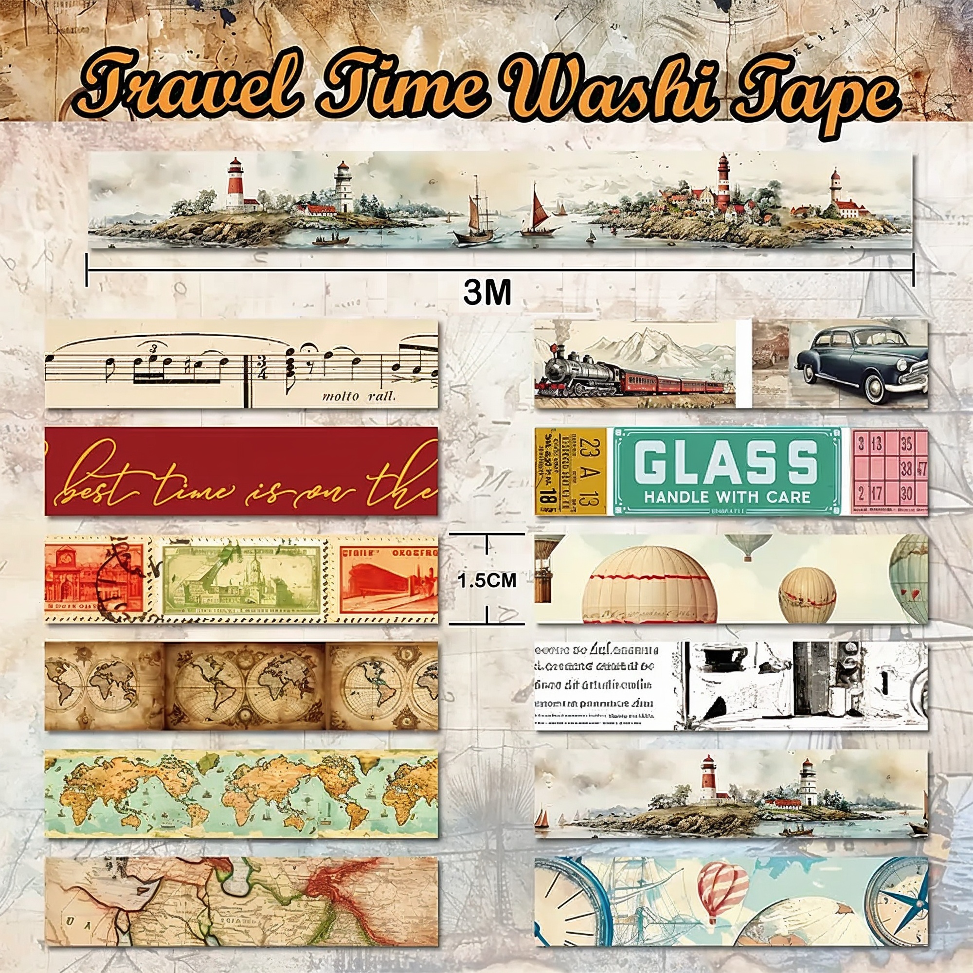 Retro Washi Tape Set – 12er-Set mit Reise-Motiven aus Washi-Papier