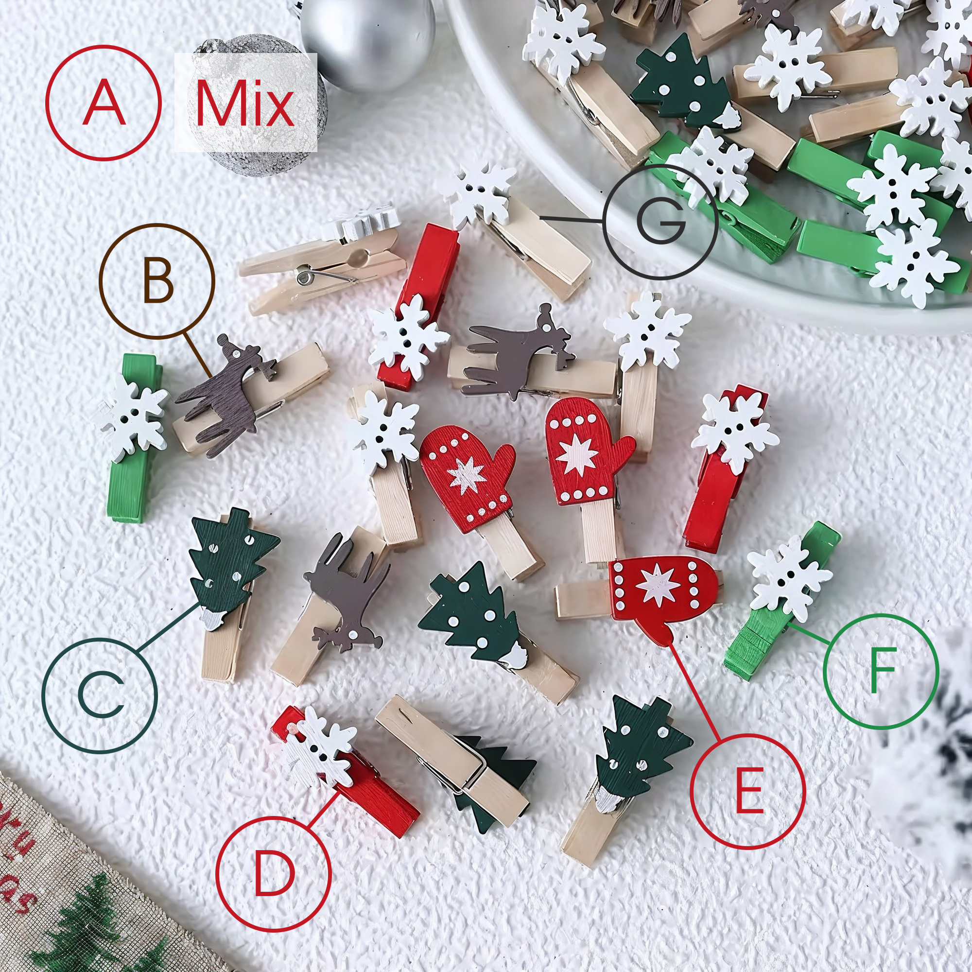 Mini Holzklammern Weihnachten Set – 12-teilig, bemalt, verschiedene Motive
