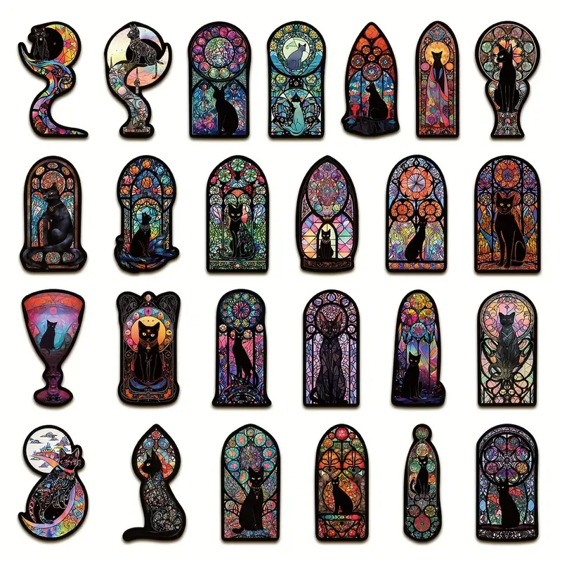 Buntglas Katzen Sticker Set – 50 matte Vinyl Aufkleber mit künstlerischem Design