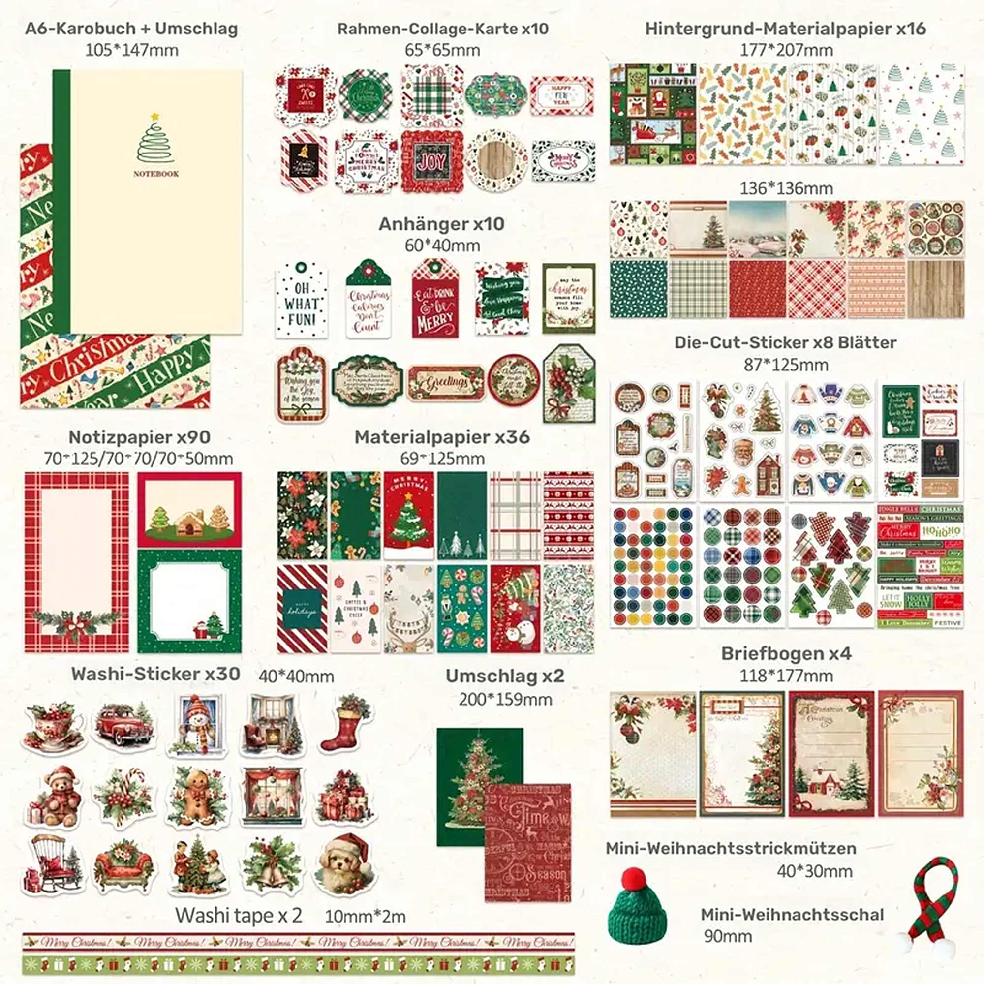 Weihnachts Scrapbooking Set – 60-teiliges Retro-Deko Zubehör für DIY-Projekte