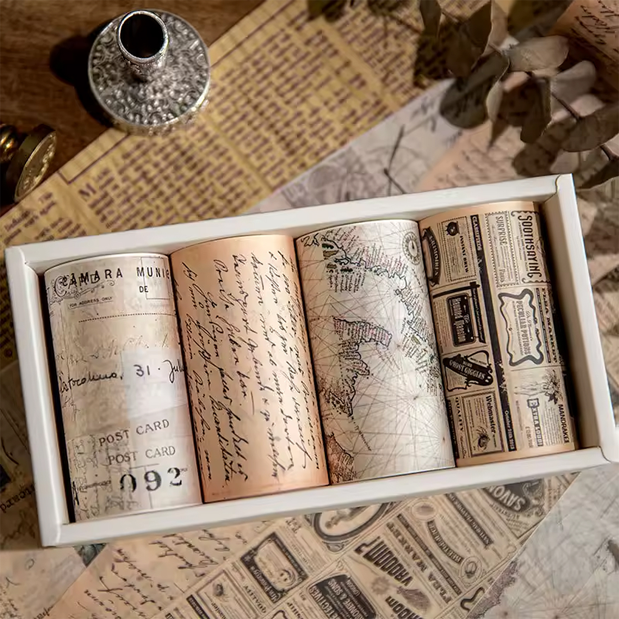Vintage Washi Tape Set – 4 Rollen mit Retro Buchstabenmotiven