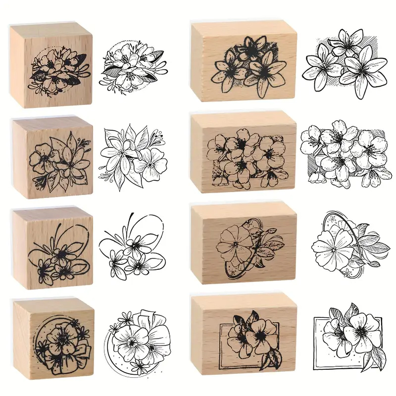 Florale Holzstempel Set – 8-teiliges Bastelzubehör mit Blumenmotiv