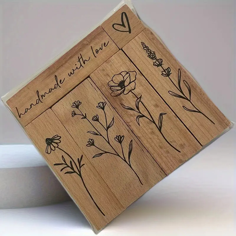 Holzstempel Set Blumen – 6-teilig mit floralen Motiven, Herz und Schriftzug
