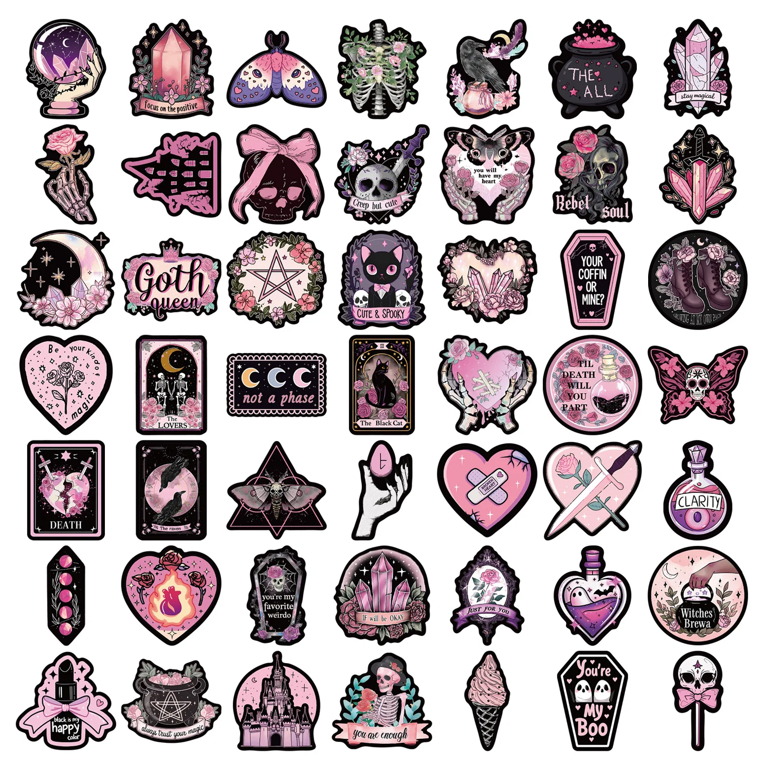 Gothic Sticker Set Schädel Rosen – 50 Wasserfeste Vinylmotive Schwarz Rosa