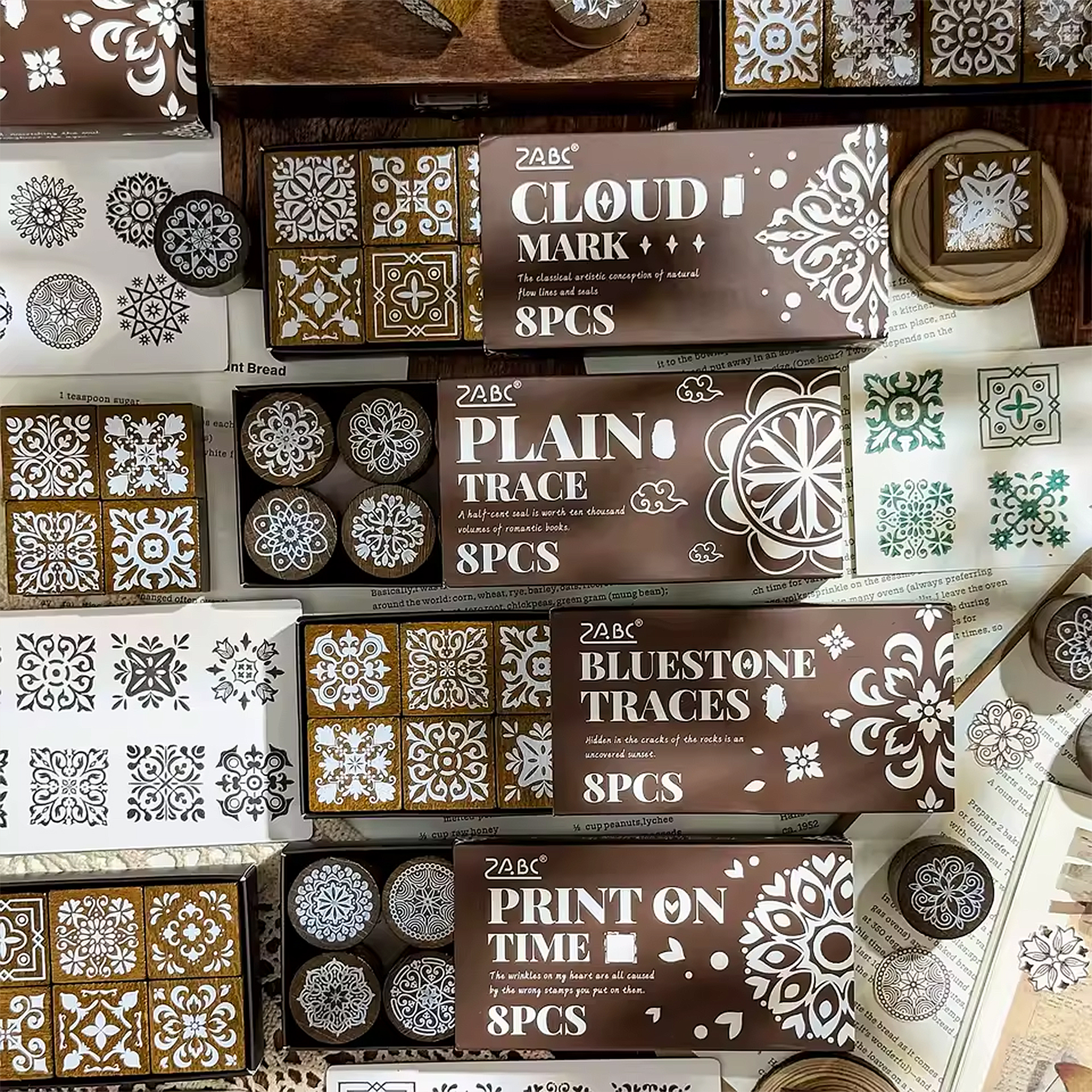 Vintage Muster Holzstempel Set – 8 Stempel rund & eckig