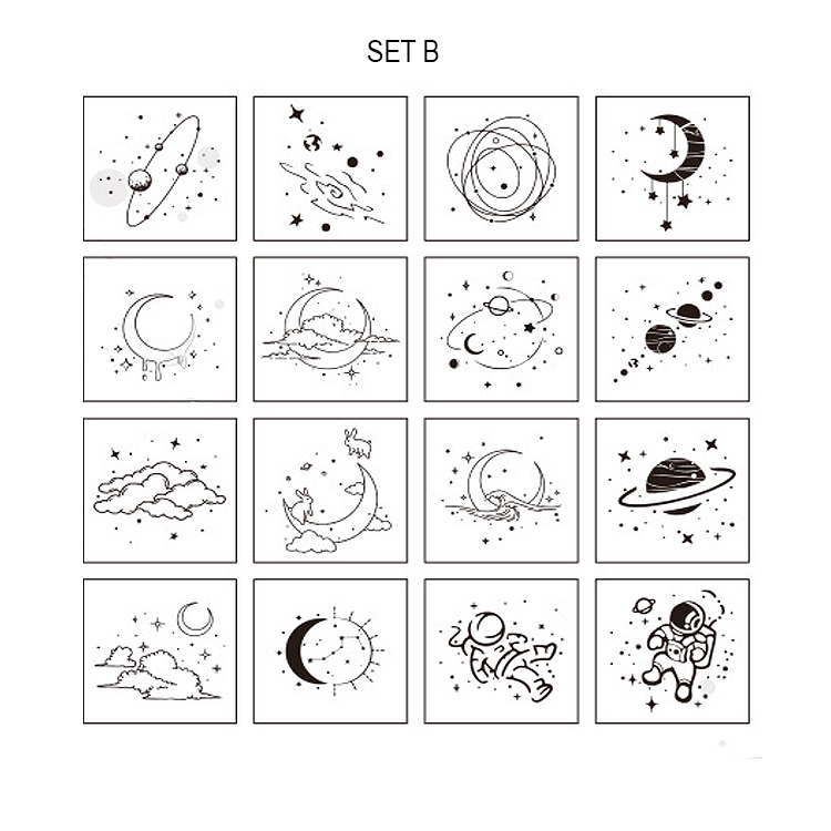 Weltall Holzstempel Set – 16-teilig mit Planeten, Astronaut und Sternen