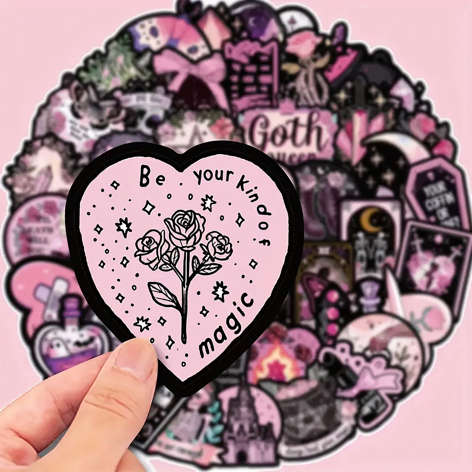 Gothic Sticker Set Schädel Rosen – 50 Wasserfeste Vinylmotive Schwarz Rosa