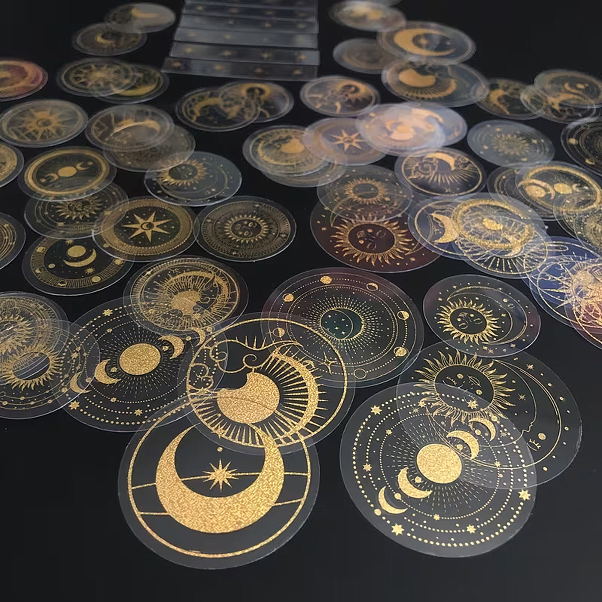 Transparente Schimmer-Sticker Set – 70 PET-Folie Aufkleber mit Mond, Sonne & Sternen