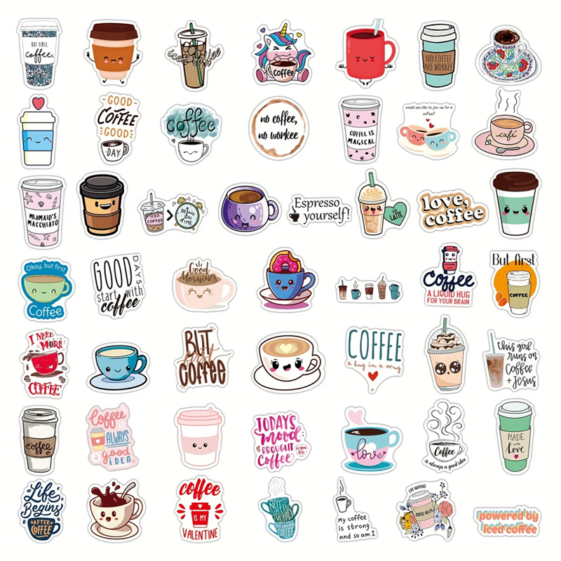Kaffee Sticker Set – 50 selbstklebende, glänzende Motive aus Vinyl