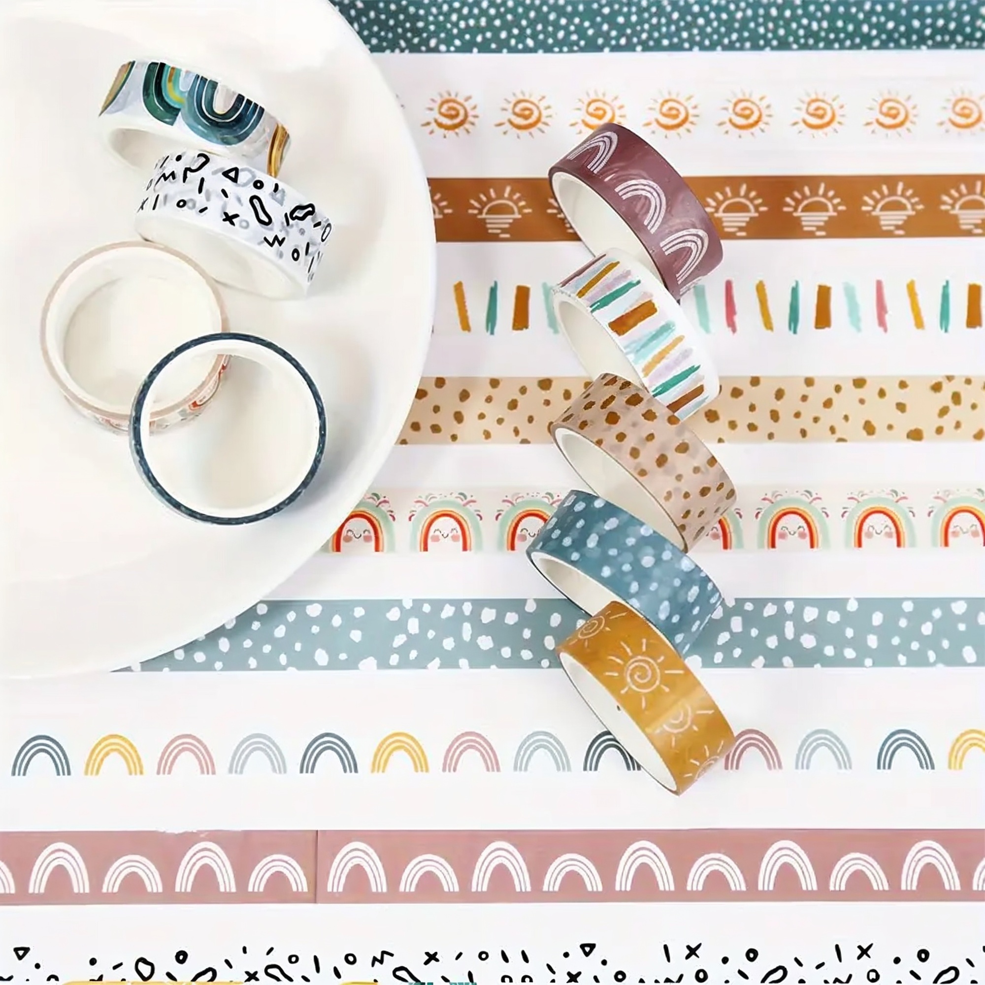 Boho Washi Tape Set – 12 Rollen mit Regenbogen- und Grafikmotiven