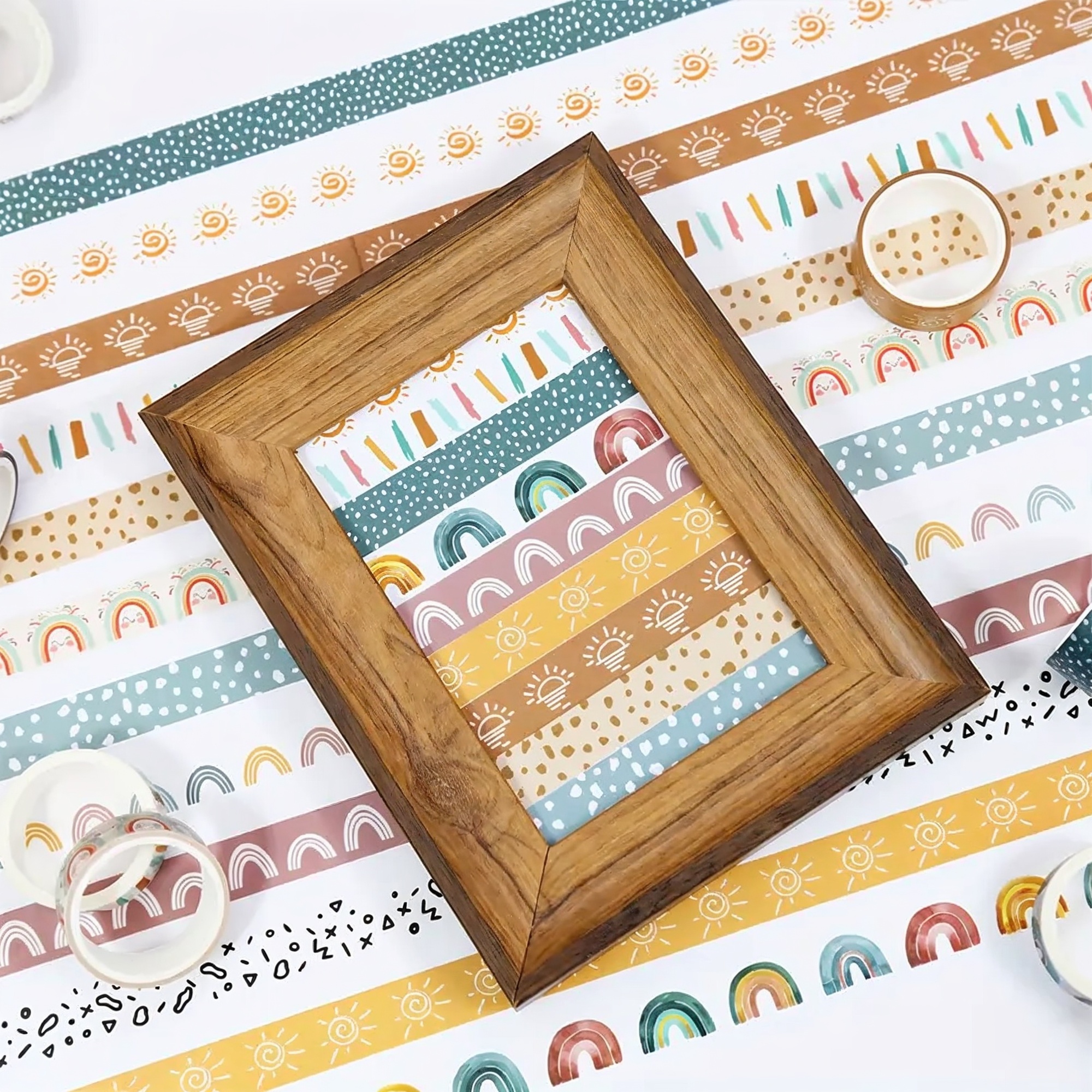 Boho Washi Tape Set – 12 Rollen mit Regenbogen- und Grafikmotiven