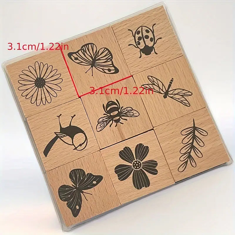 Holzstempel Set Insekten und Blumen – 9-teilig, vielseitige Motive
