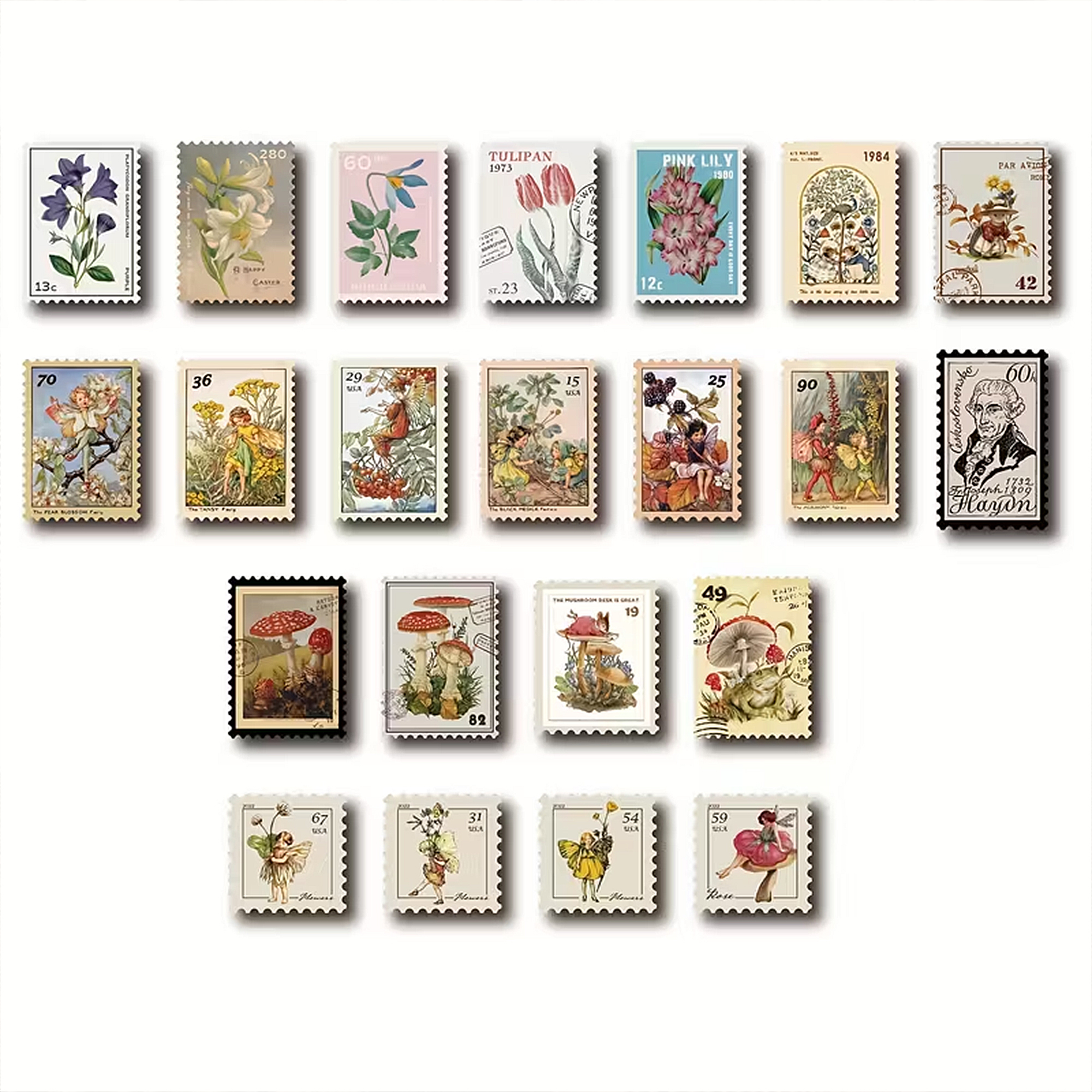 Botanische Briefmarken Sticker – 50 Motive floraler Pflanzen im Vintage-Look